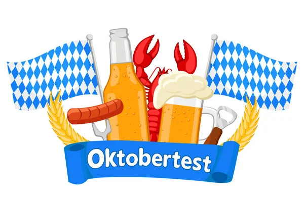 Piwo w butelce i szkle, kiełbasa i czerwony Homar z niebieską wstążką i flagami na białym. Oktoberfest — Wektor stockowy