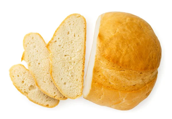 Loaf of bread cut into pieces on a white. The view of the top. — Stock Photo, Image