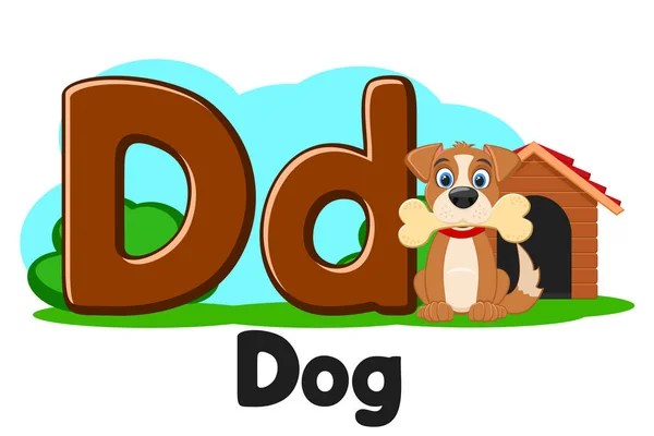 Alphabet animal dog with a bone in his mouth, the letter Dd on a white. Preschool education. — Stock Vector