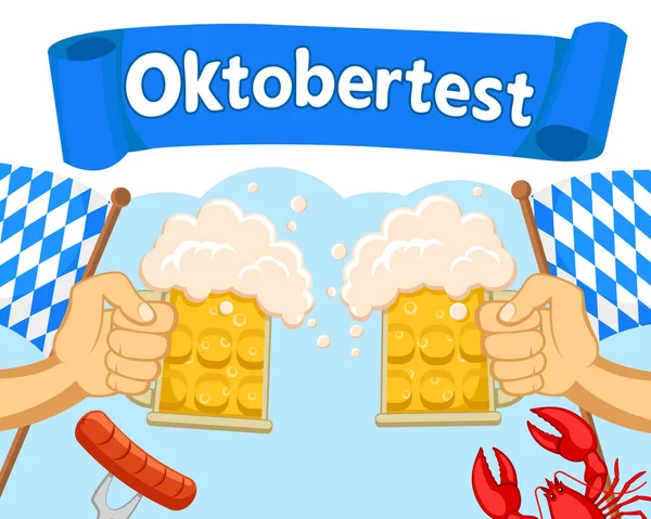 Les mains avec des verres de bière clignent sur un fond bleu. Oktoberfest — Image vectorielle
