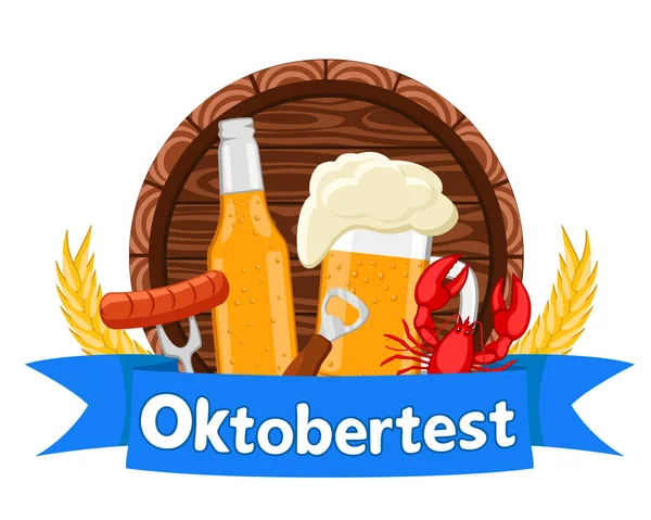 Baril de bière, verre et bouteille derrière un ruban bleu sur fond blanc. Oktoberfest . — Image vectorielle