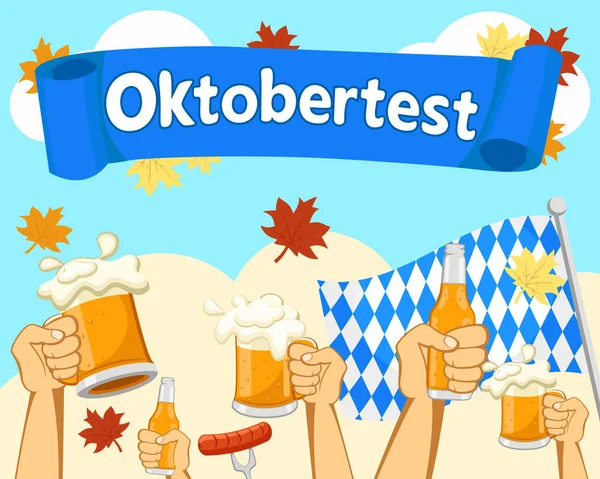 Sonbahar gökyüzüne karşı bardak ve bira şişeleri olan eller. Oktoberfest.