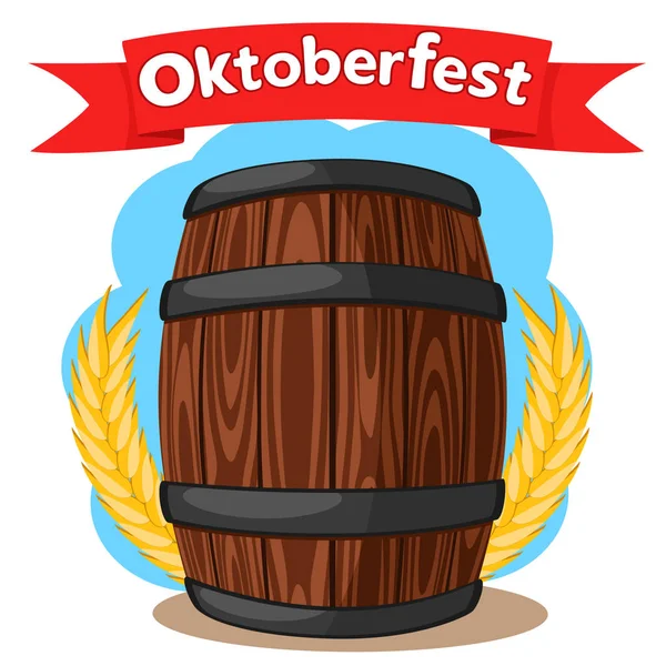 Drewniana beczka piwa z uszami pszenicy na białym tle. Oktoberfest — Wektor stockowy