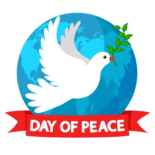 Paloma con rama de olivo en el fondo del planeta tierra, sobre un blanco. Día Internacional de la Paz — Vector de stock