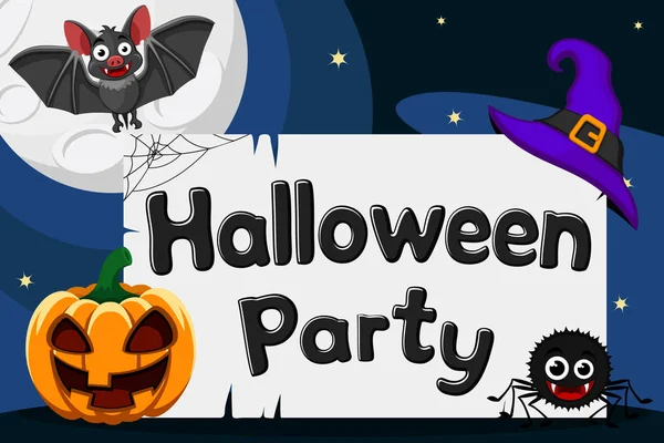 Halloween Party achtergrond. Pompoen, vleermuis en spin 's nachts door het licht van de maan. — Stockvector