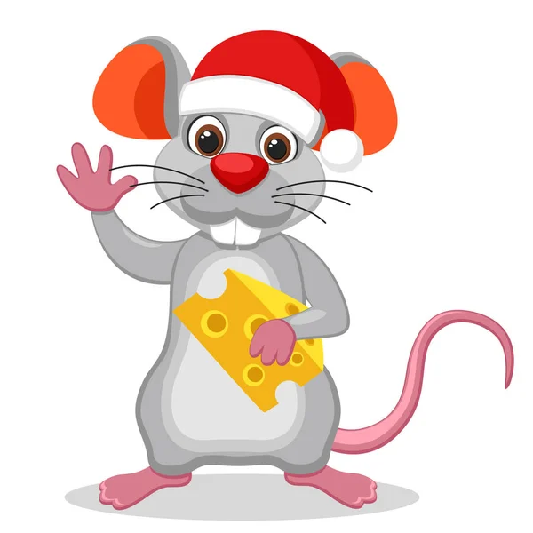 Mysz w Świąteczna Czapka trzyma kawałek sera i machając na białym. Rok myszy. — Wektor stockowy