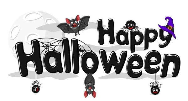 Happy Halloween tekst met vleermuizen en spinnen op een wit. — Stockvector