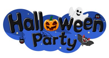 Cadılar Bayramı parti metni karakterler, balkabağı, yarasa ve hayalet beyaz üzerinde.