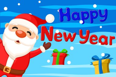 Noel Baba kış geçmişinde dağınık hediye kutularıyla ellerini sallıyor..