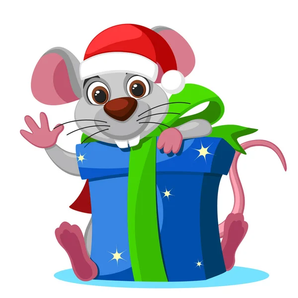 Muis in een hoed kijkt uit van achter een doos geschenken op een witte achtergrond. Kerstmis — Stockvector