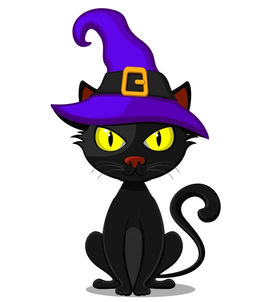 Gato preto de chapéu sobre um fundo branco. Halloween. — Vetor de Stock