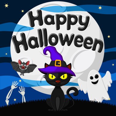 Büyük ay arka planında siyah şapkalı bir kedi. Mutlu Cadılar Bayramı.