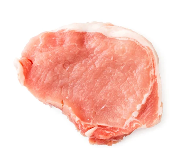 Piece of raw meat with veins close-up on a white background. The view of the top. — Stock Photo, Image