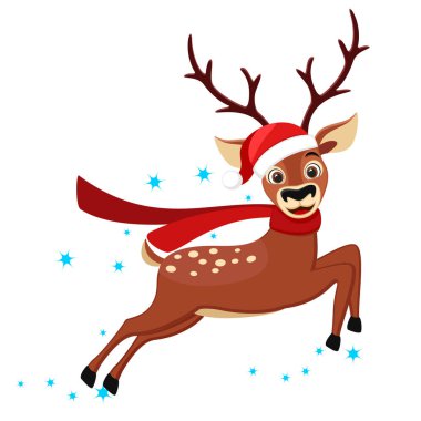 Şapka ve eşarp takan geyik beyaz bir arkaplanda koşar. Noel karakteri