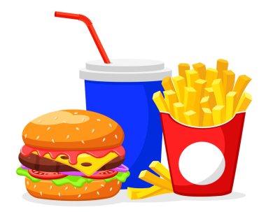Pirzolalı hamburger, patates kızartması ve beyaz şarap. Fast food