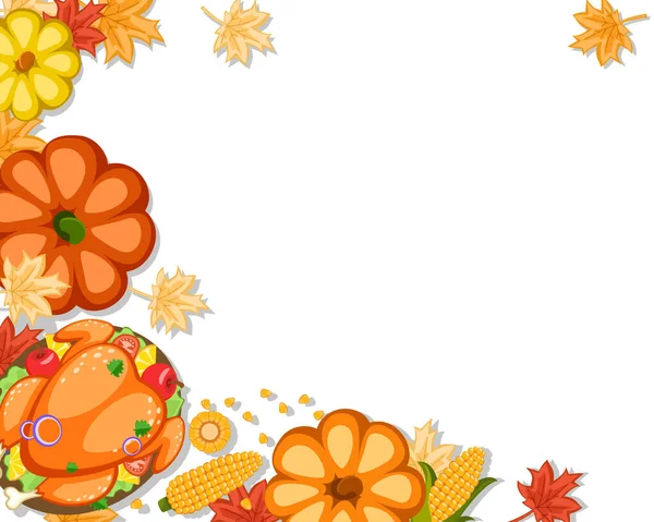 Roast Turkey, pumpkins, corn and autumn leaves on a white, place for text. Thanksgiving day. — Stock Vector