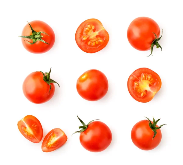 Conjunto de tomates cereja, metades e partes em um branco. A vista do topo . — Fotografia de Stock