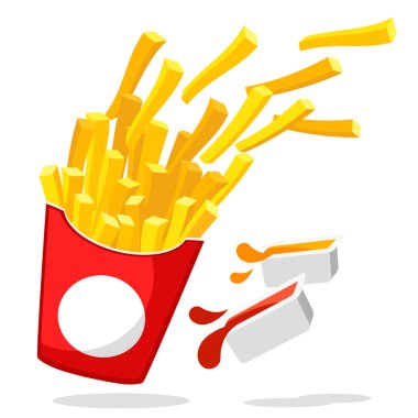 French fries flying out of a box with two sauces on a white. Fast food clipart