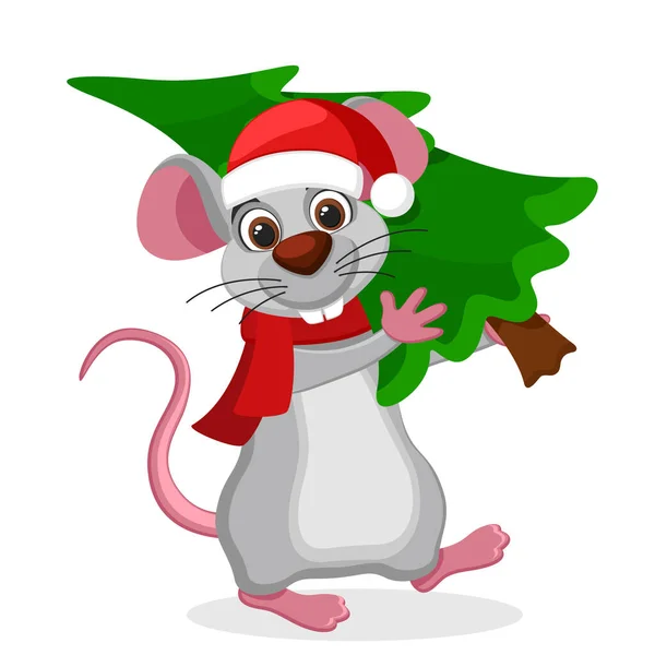 Rato carrega uma árvore de Natal em um branco, Ano Novo 2020 . — Vetor de Stock