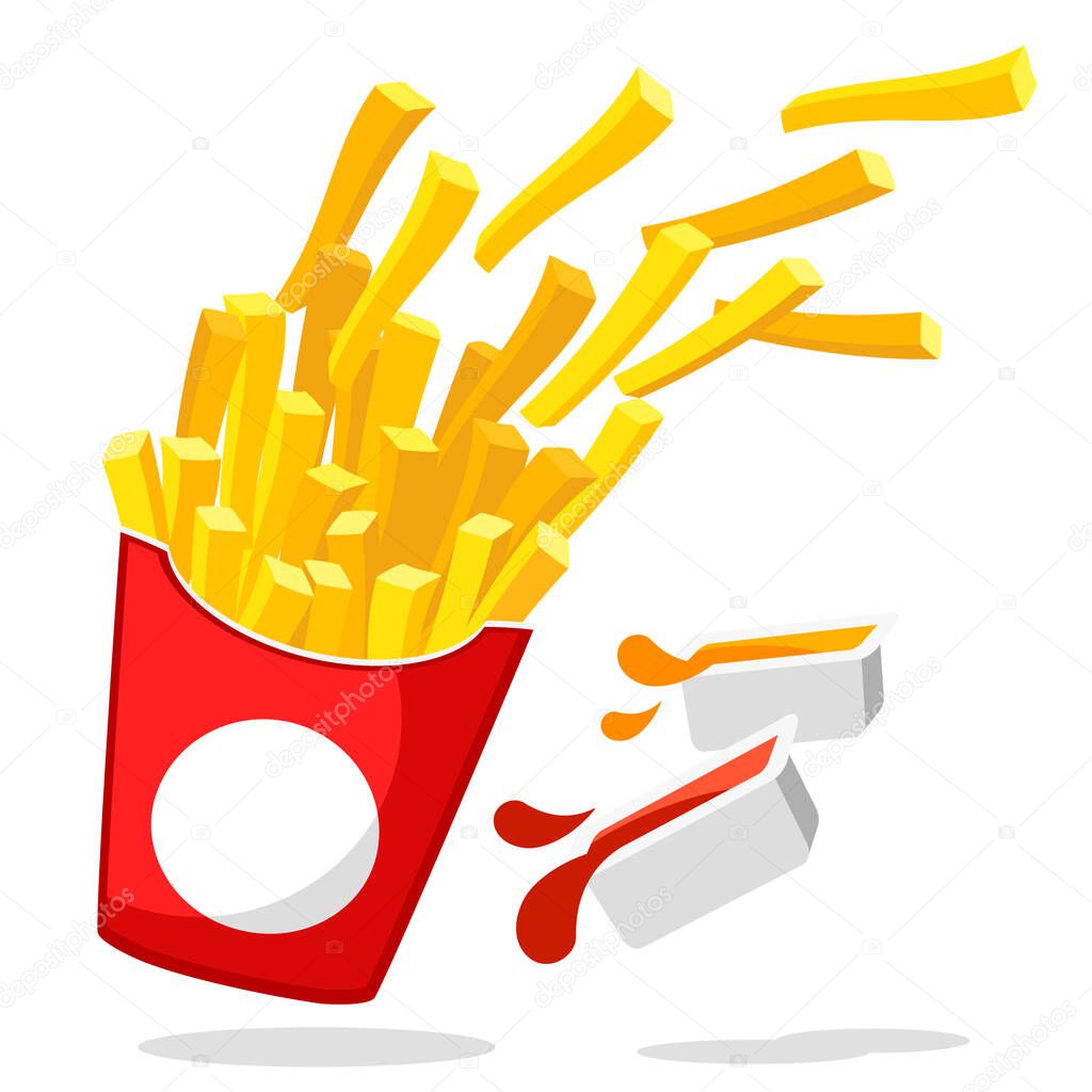 French fries flying out of a box with two sauces on a white. Fast food