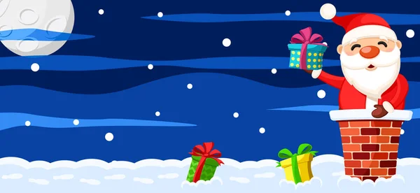 Babbo Natale è seduto nel camino sul tetto e in possesso di una scatola regalo, sfondo di Natale . — Vettoriale Stock