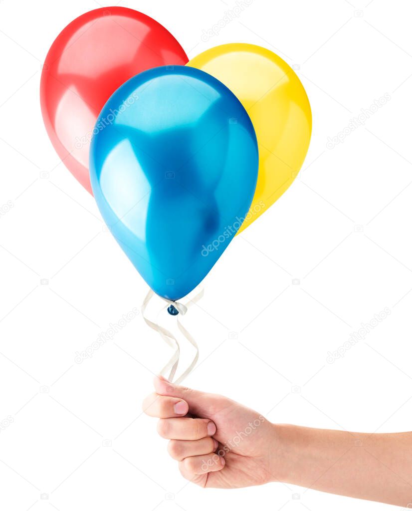 Helium balls in a hand on a white background. Isolated