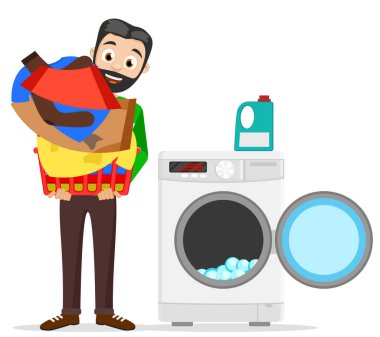 Kirli elbiseli bir adam çamaşır makinesinin yanında duruyor. Karakter