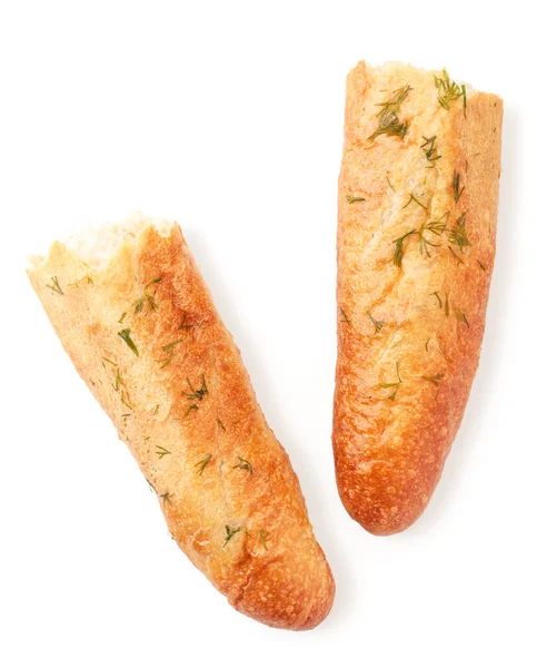 Baguette in zwei Hälften auf weißem Hintergrund isoliert. Der Blick von oben — Stockfoto