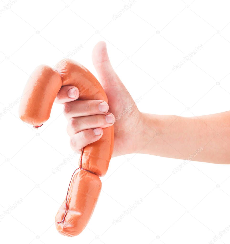 A bunch of sausages in hand on a white background. Isolated