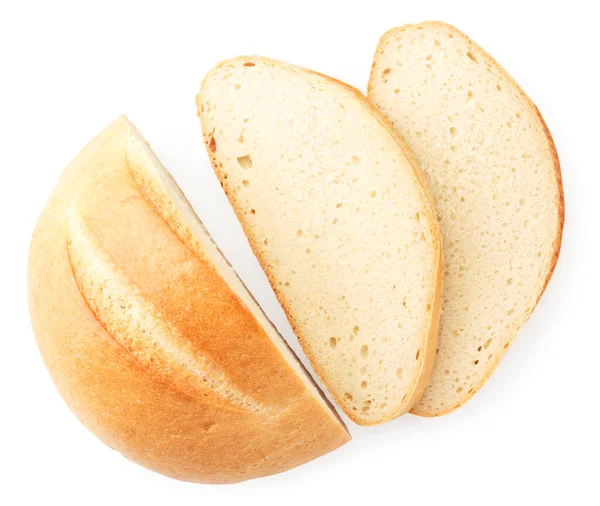 A loaf of bread, half and slices on a white background, isolated. The view from top — Stock Photo, Image