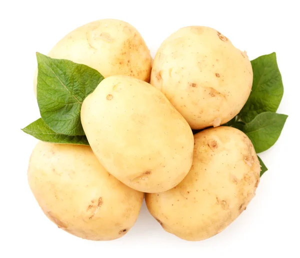 Ung Potatis Och Gröna Blad Närbild Vit Bakgrund Isolerade Utsikten — Stockfoto