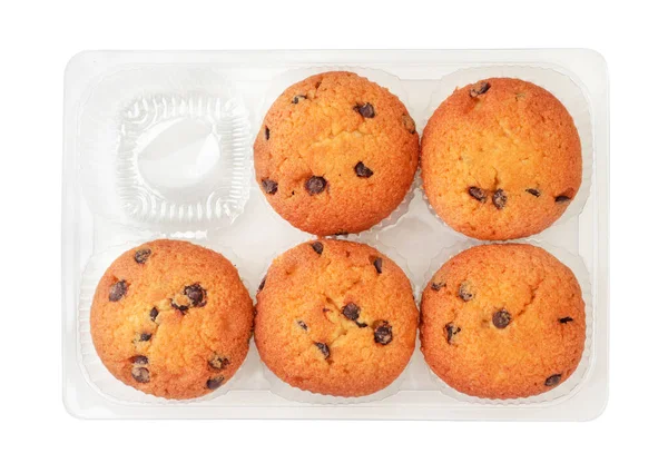 Muffin Con Pezzi Cioccolato Nella Confezione Primo Piano Sfondo Bianco — Foto Stock