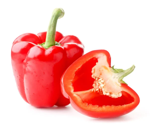 Rode Paprika Hun Geheel Half Close Een Witte Achtergrond Geïsoleerd — Stockfoto