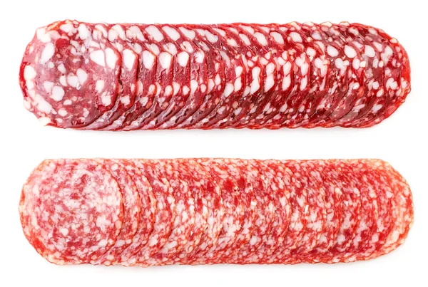 Salami Sausage Sliced Closeup White Background Isolated View Top — Stock Photo, Image