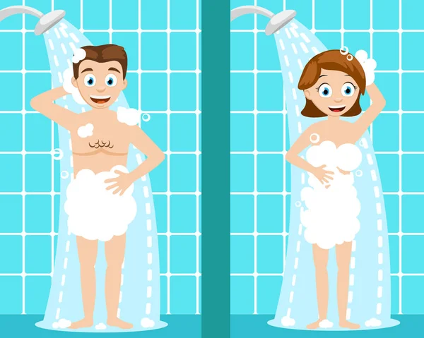 Homem e mulher tomar um banho no banheiro, chuveiro com água corrente — Vetor de Stock