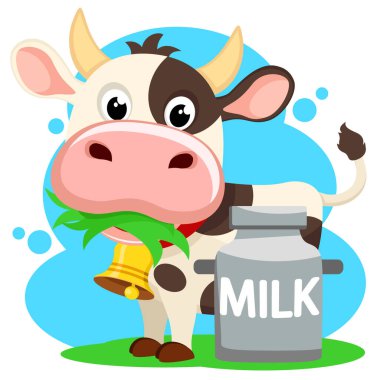 Çimen çiğneyen inek ve beyaz bir teneke süt