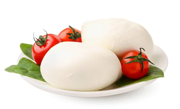 Mozzarella, tomates cereja e espinafre em um fundo branco. Isolados — Fotografia de Stock