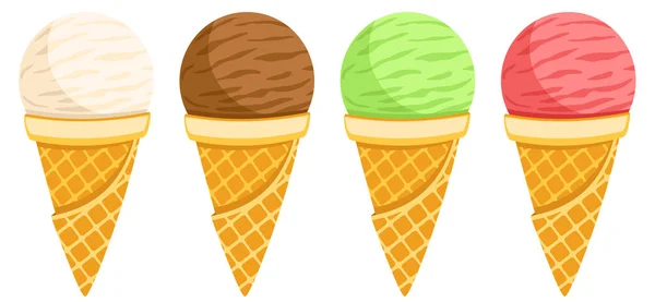 白色背景的华夫饼锥特写冰淇淋套装 — 图库矢量图片