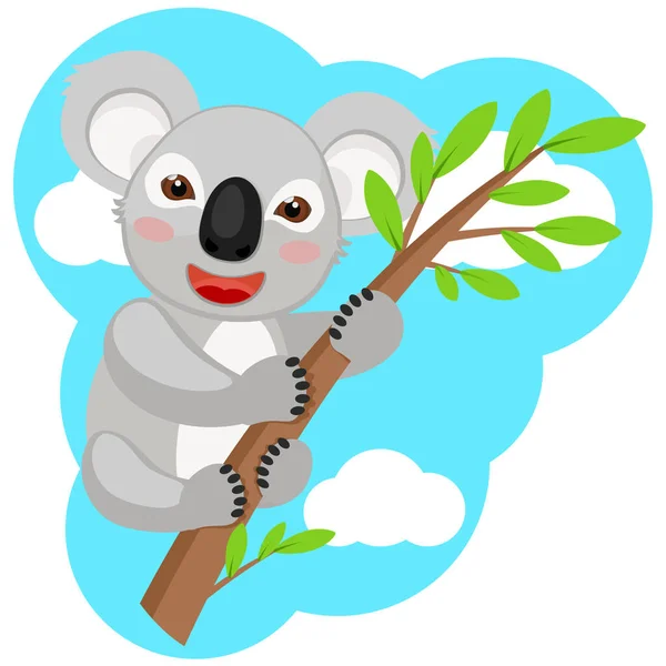 Koala Siedzi Gałęzi Zielonymi Liśćmi Uśmiechem — Wektor stockowy