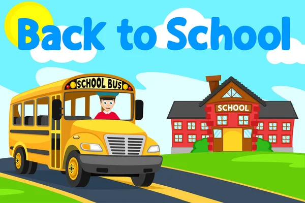 Autobús escolar amarillo y escuela en el fondo de la naturaleza — Vector de stock