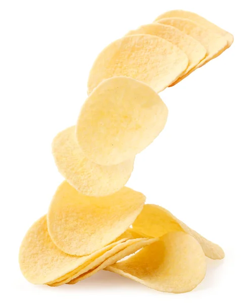 Potato Chips Air Close White Background Isolated Levitating Chips — Stock Photo, Image