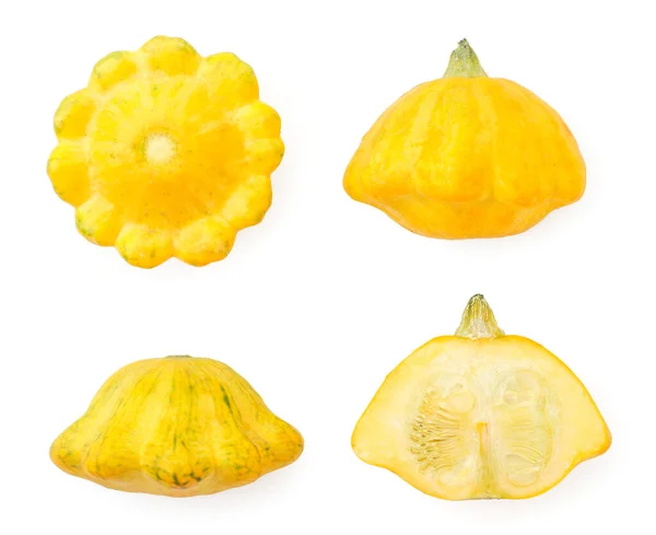 Set Yellow Squash Whole Half Close White Isolated Background View — Stock Photo, Image