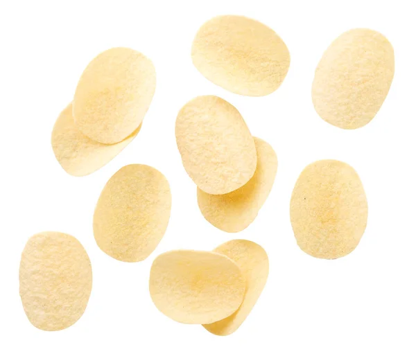 Chipsy Ziemniaczane Lecą Bliska Białym Odizolowanym Tle Żetony Lewitujące — Zdjęcie stockowe