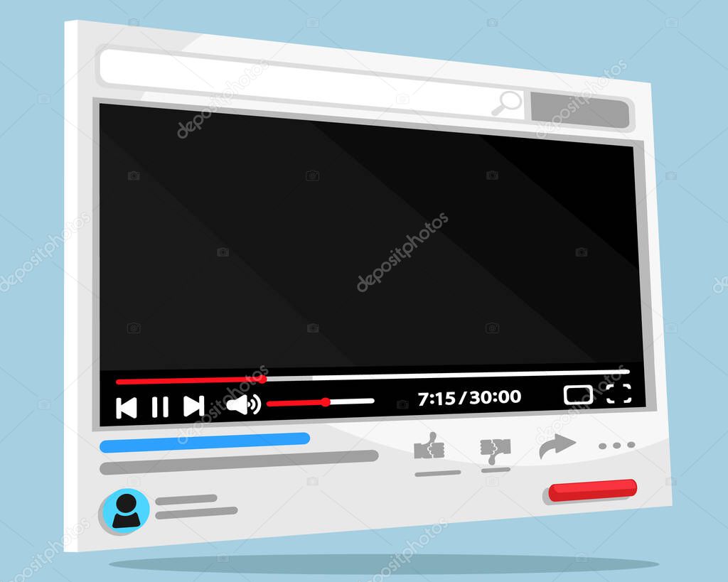 Video player. Watching video on the channel, 3D panel. Mockup, place for text