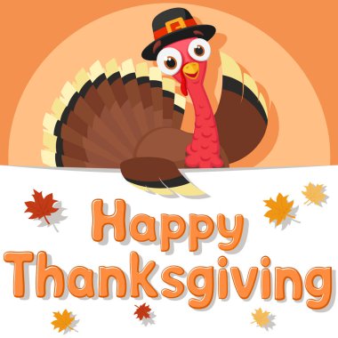 Şapkalı bir hindi beyaz bir çarşafın arkasından dışarı bakar ve el sallar. Şükran Günü, mesaj için yer.