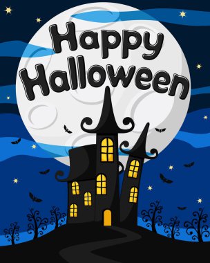 Ay ve gökyüzünün arka planında kaleler ve yarasalar var. Cadılar Bayramı partisi