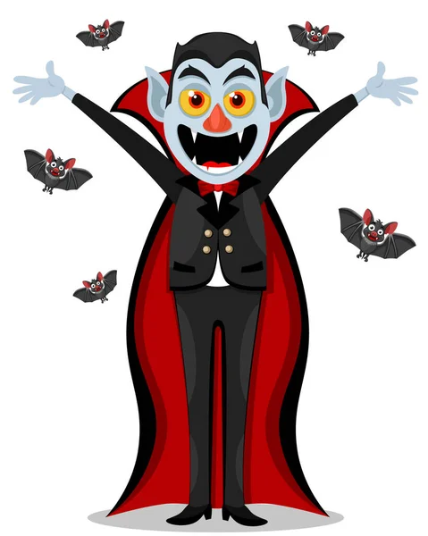 Dracula Steht Mit Erhobenen Händen Auf Weißem Grund Umgeben Von — Stockvektor