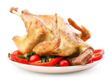 Fırında tavuk, sebzeli hindi, yakın plan beyaz arka plan, izole edilmiş. Şükran Günü