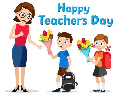 Öğrenciler öğretmenlerine beyaz arka planda çiçek buketleri veriyorlar. Öğretmenler Günü