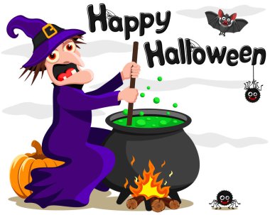 Baba Yaga bir balkabağına oturur ve beyaz arka planda bir iksir hazırlar.